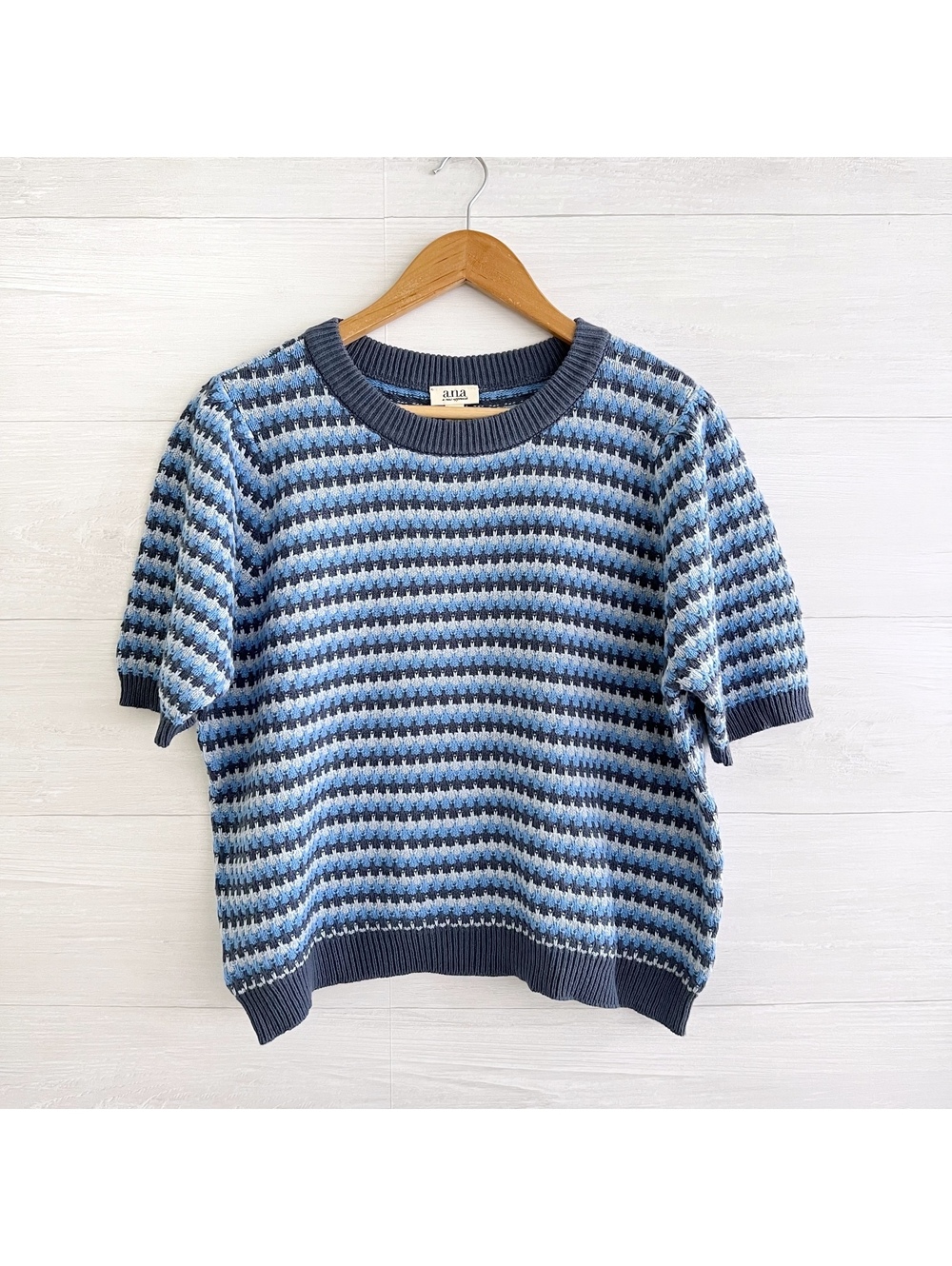 NWT a.n.a. Blue Striped Cotton Knit Short Sleeve Sweater Womens XL Crewneck